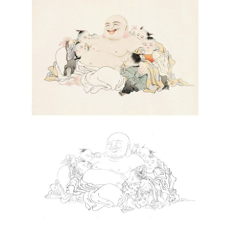 高清国画弥勒人物笑口常开工笔白描底稿线描稿练习实物打印打印稿