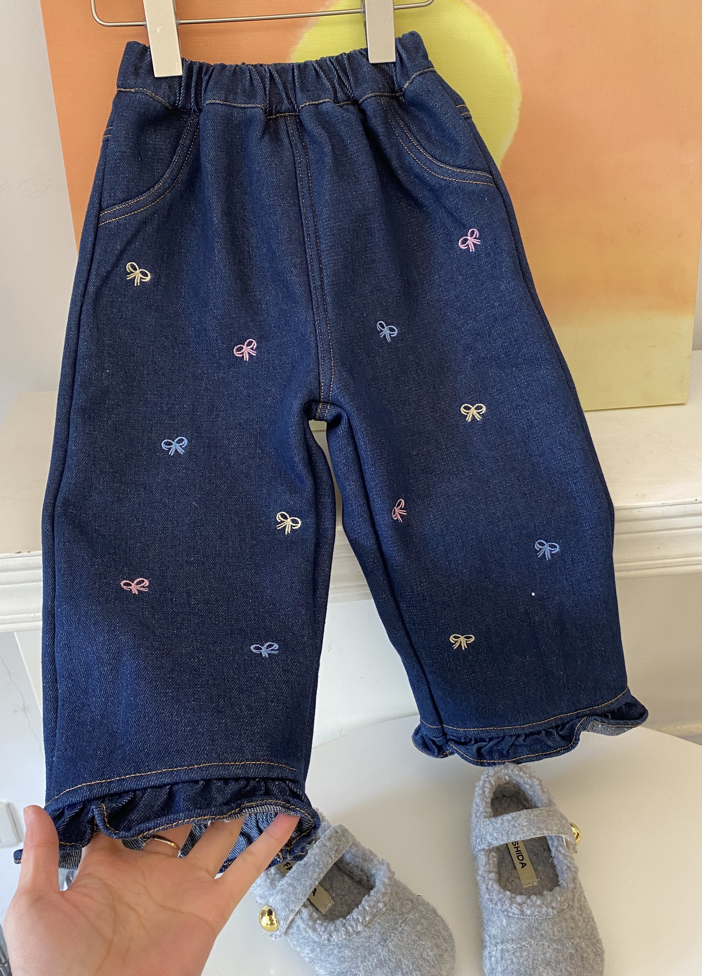 2025新款脚口花边直筒百搭女童保暖加绒加厚冬装儿童女宝宝牛仔裤