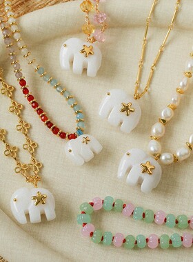 波西米亚风天然石小象叠戴锁骨链