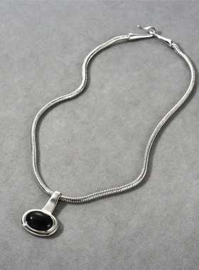 欧美小众设计外贸简约秋冬黑色玛瑙银色锁骨链个性气质百搭项链