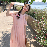 法式甜美粉色露肩挂脖连衣裙女夏2025年新款海边度假宽松雪纺长裙，女装连衣裙，芭图娜