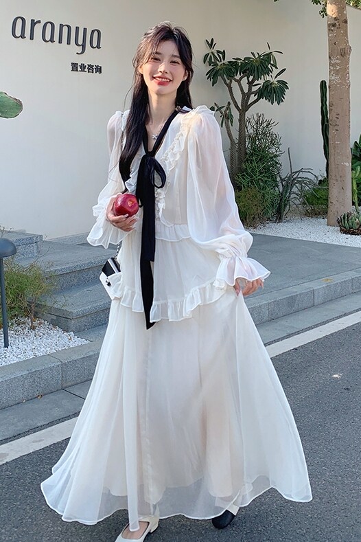现货！法式浪漫风度假白色超长连衣裙260-3326-P135K188,女装连衣裙,芭图娜