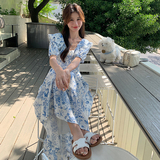 蓝色绝美泡泡袖碎花裙女中长款2024夏季新款法式显瘦温柔风连衣裙，女装连衣裙，芭图娜