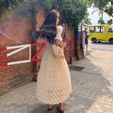 设计感雪纺镂空连衣裙女2025夏季新款蕾丝杏色复古名媛风绝美长裙，女装连衣裙，芭图娜