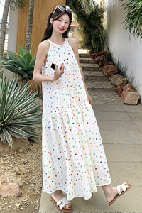 白色彩色波点无袖连衣裙女2025夏季法式新款设计感甜美减龄a字裙图片