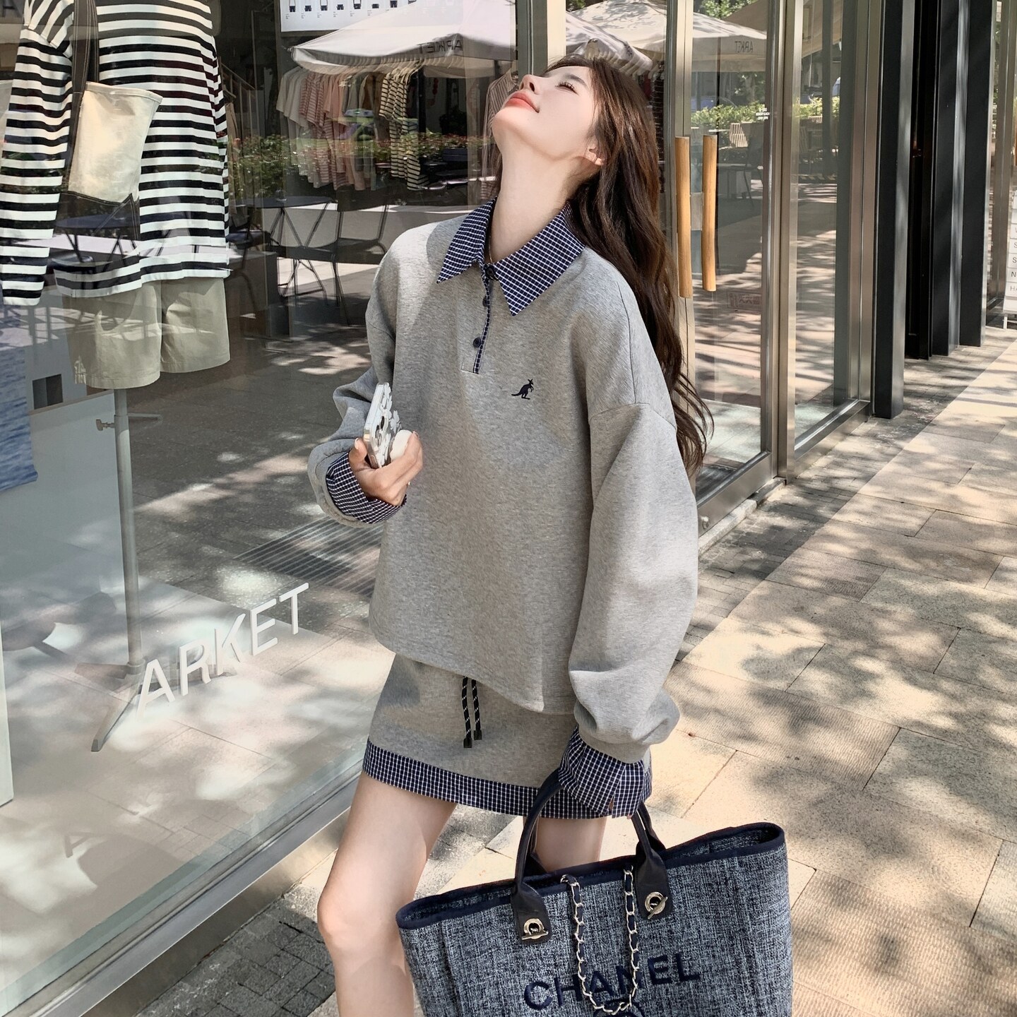 减龄休闲格纹拼接卫衣短裙套装女春秋小个子两件套爆款高级感超火,女装运动套装,芭图娜