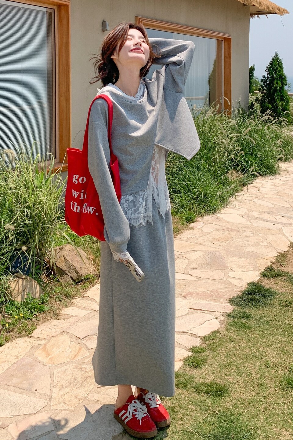 灰色韩系不规则卫衣套装裙女2025秋季新款蕾丝打底衫半身裙三件套,女装套装/套裙,芭图娜