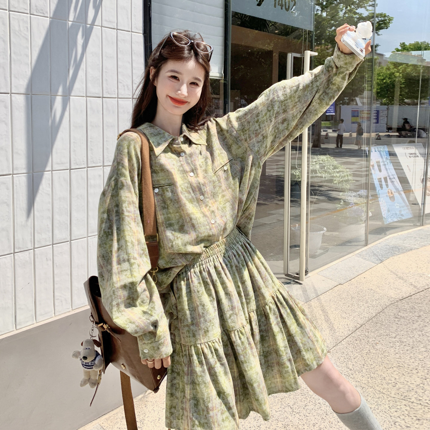 绿色格纹长袖衬衫套装裙女2025春秋新款法式漂亮宽松半身裙两件套,女装套装/套裙,芭图娜