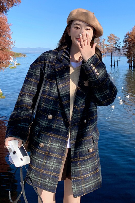 高级感复古格子西装毛呢外套女冬新款韩系宽松小个子加厚呢子大衣,女装西装,芭图娜