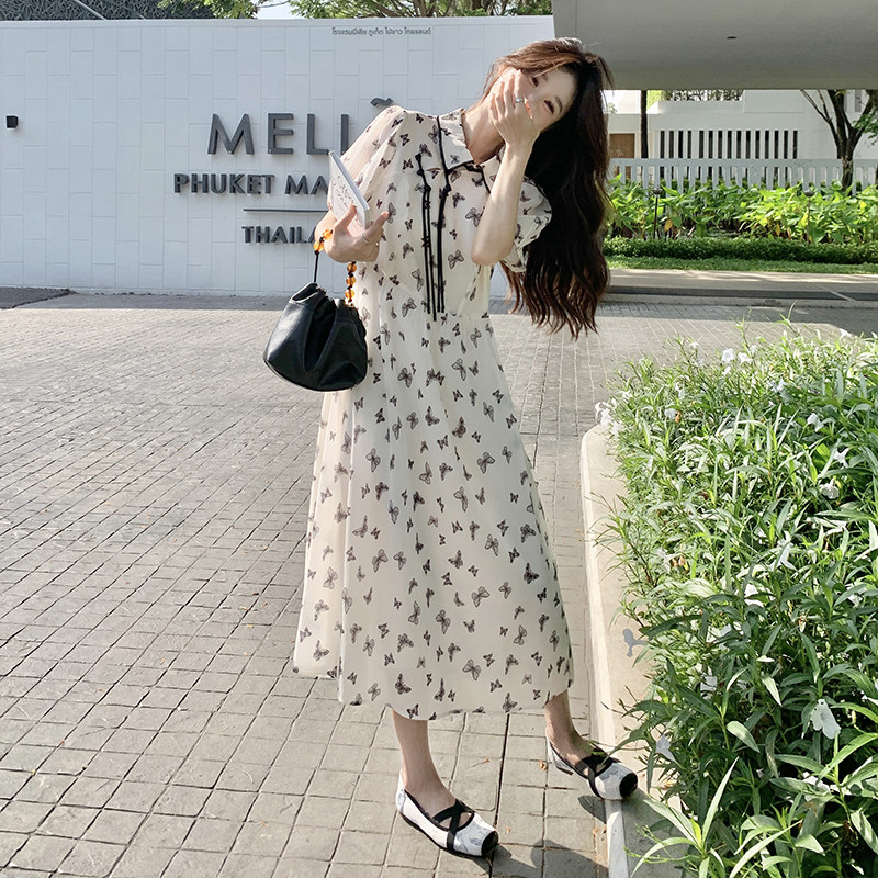 超好看蝴蝶印花衬衫裙女夏季2025新款小个子减龄艺术生奶乖连衣裙,女装连衣裙,芭图娜