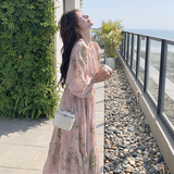 粉色度假风V领印花连衣裙女2025夏季新款温柔风减龄收腰显瘦a字裙，女装连衣裙，芭图娜