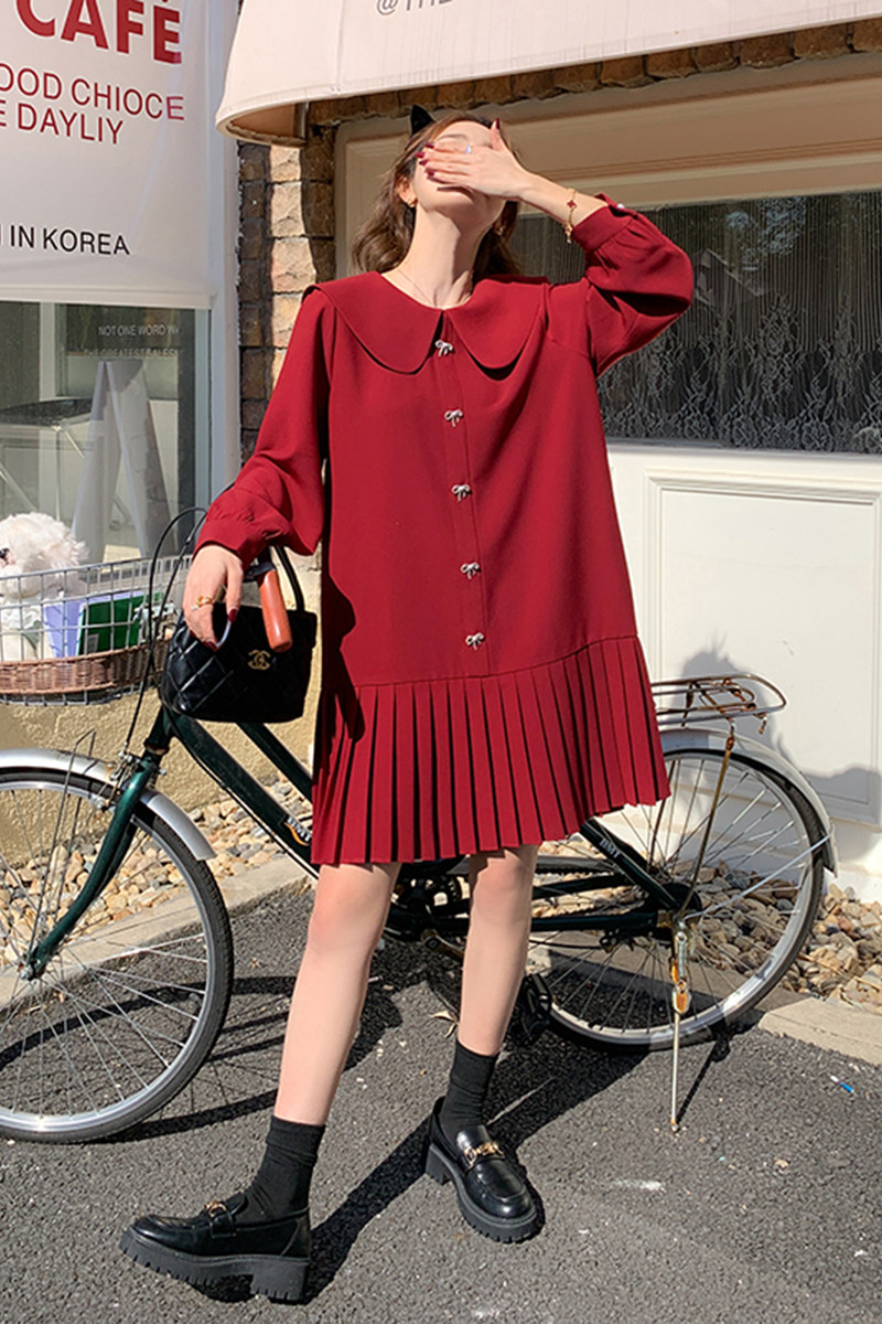 红色娃娃领连衣裙女2025春夏新款大码宽松甜美小个子百褶衬衫裙子,女装连衣裙,芭图娜