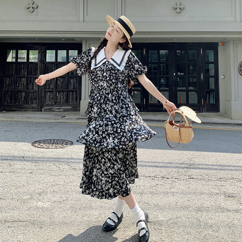 法式娃娃领碎花连衣裙女夏2025年新款别致绝美泡泡袖雪纺蛋糕长裙,女装连衣裙,芭图娜