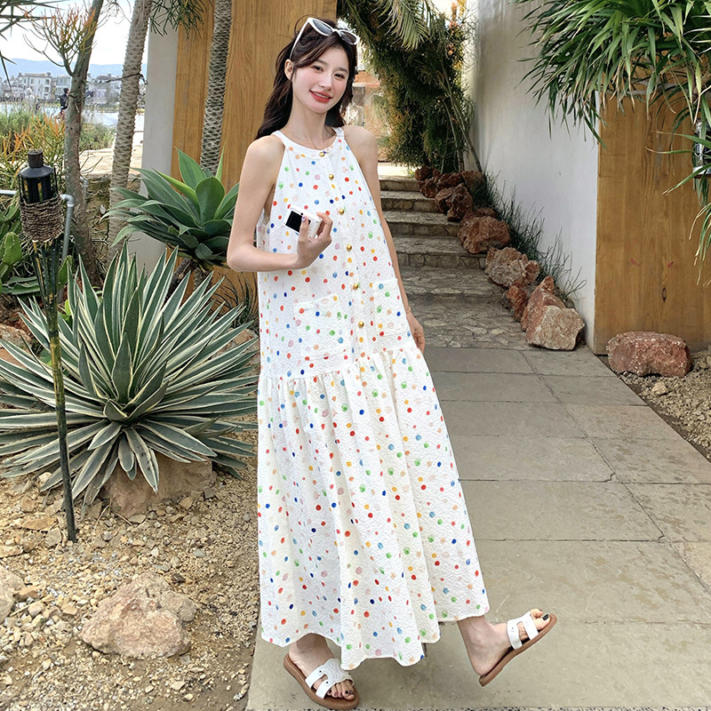 五天出货！圆点印花泡泡格挂脖无袖连衣裙260-5068-P125K178,女装连衣裙,芭图娜
