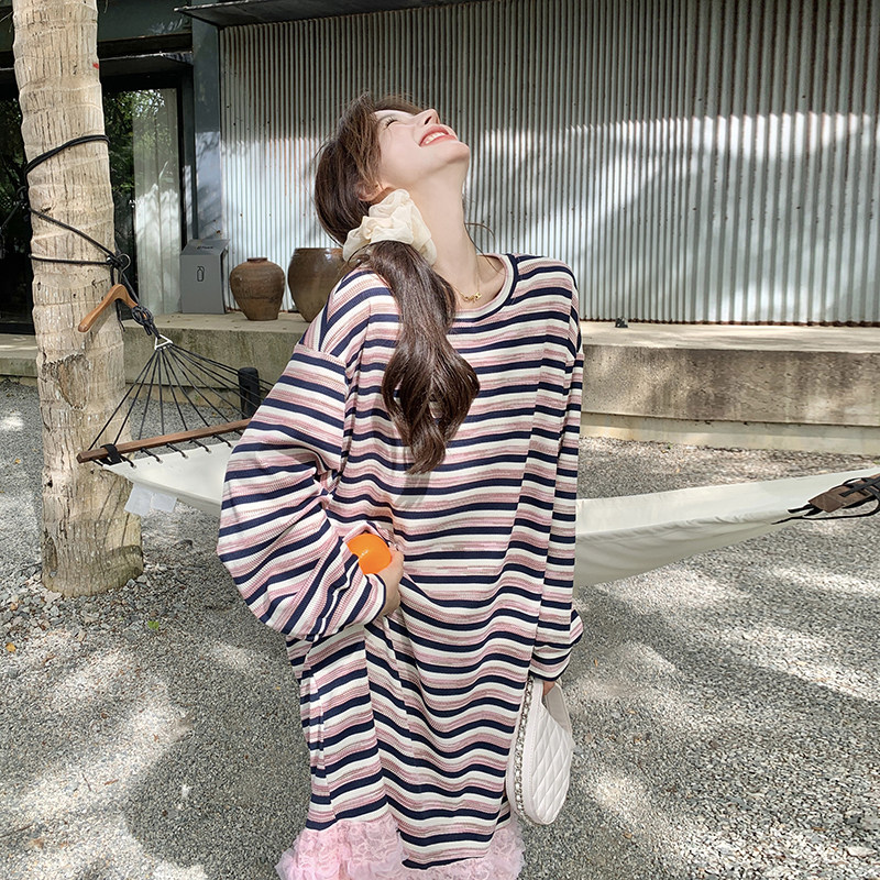 韩版显瘦条纹卫衣连衣裙女2025春秋法式新款设计感减龄宽松鱼尾裙,女装连衣裙,芭图娜