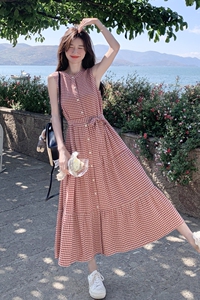法式复古格纹甜美背心连衣裙女2025夏季新款韩版收腰显瘦茶歇长裙图片