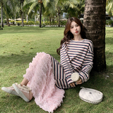 现货！定制纱裙下摆粉色条纹卫衣长裙260-3286-P115K168，女装连衣裙，芭图娜