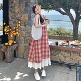 设计感甜美减龄蕾丝拼接格子吊带长裙夏季新款假两件显瘦连衣裙女，女装连衣裙，芭图娜