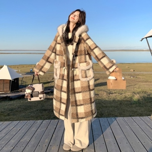 大货主推!买家秀 复古棕黄格纹圈圈绒连帽大衣 260-5306-P215K298图片