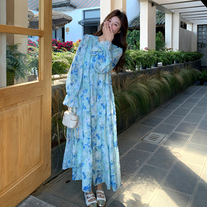 高个子蓝色法式海边度假风长裙到脚踝碎花连衣裙女宽松显瘦仙气春图片