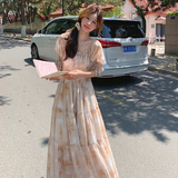 法式温柔风方领碎花连衣裙女2025夏季新款韩版收腰显瘦桔梗长裙子，女装连衣裙，芭图娜