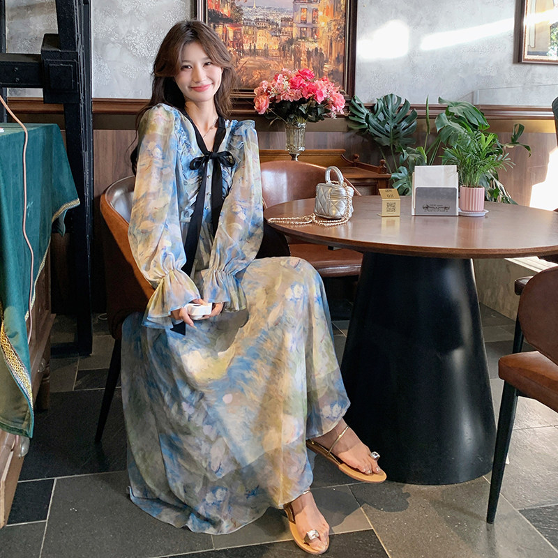 现货主推款！24秋新款莫奈花园印花长连衣裙260-3328-P135K188,女装连衣裙,芭图娜