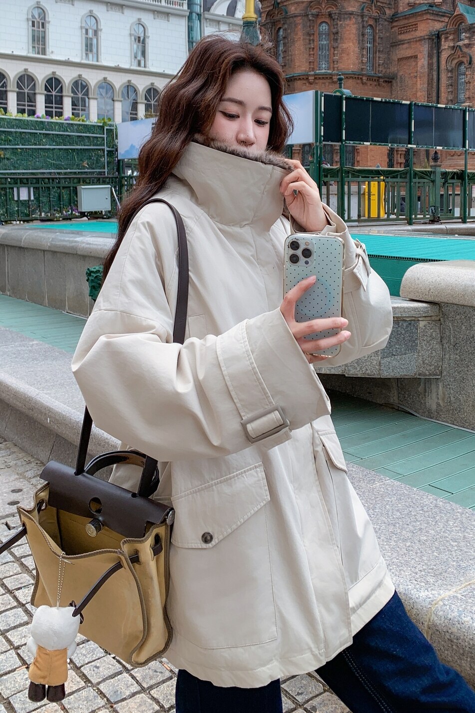 主推新款！米白色重工大毛领工装派克服B260-5329-P285,女装派克服,芭图娜