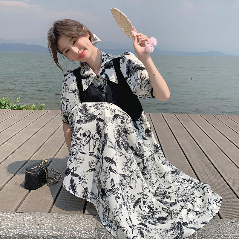 新中式国风水墨画假两件连衣裙女夏2024新款高级感小众设计衬衫裙,女装连衣裙,芭图娜