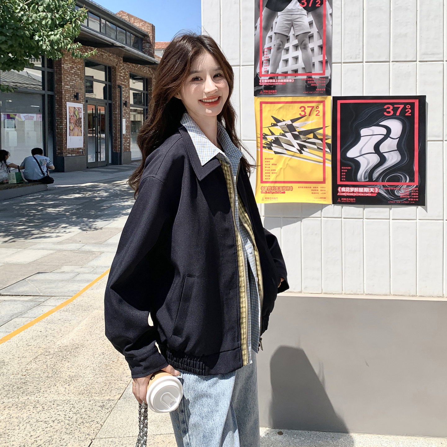 学院复古假两件拼接短外套女2025秋季新款韩版小个子宽松百搭夹克,女装短外套,芭图娜