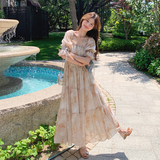 法式温柔风方领碎花连衣裙女2025夏季新款韩版收腰显瘦桔梗长裙子，女装连衣裙，芭图娜