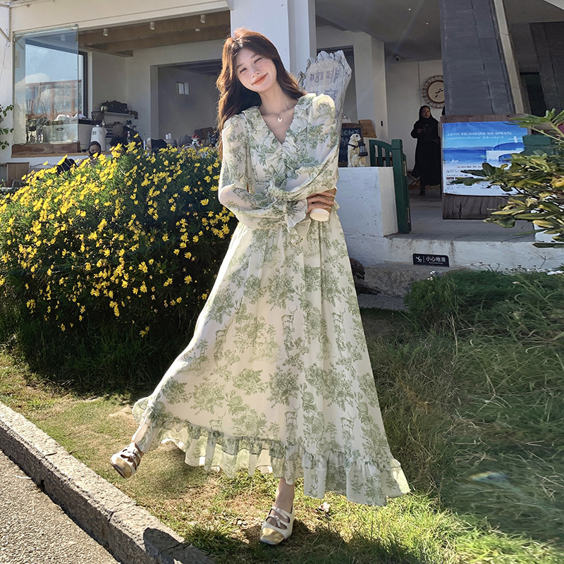 现货！法式茶歇绿色印花连衣长裙260-5027-P145K208,女装连衣裙,芭图娜