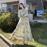 现货！法式茶歇绿色印花连衣长裙260-5027-P145K208，女装连衣裙，芭图娜