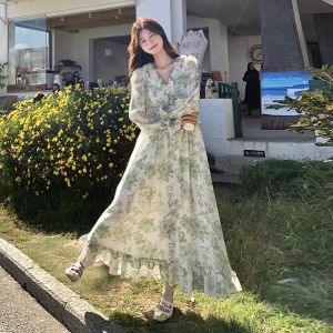 现货！法式茶歇 绿色印花连衣长裙 260-5027-P145K208图片
