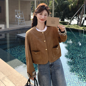 美拉德风甜酷拼接麂皮绒外套女2025春秋高级小众巨好看短夹克上衣图片