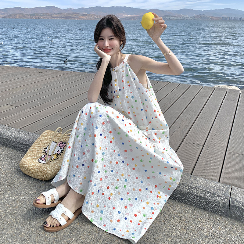 白色彩色波点无袖连衣裙女2025夏季法式新款设计感甜美减龄a字裙,女装连衣裙,芭图娜