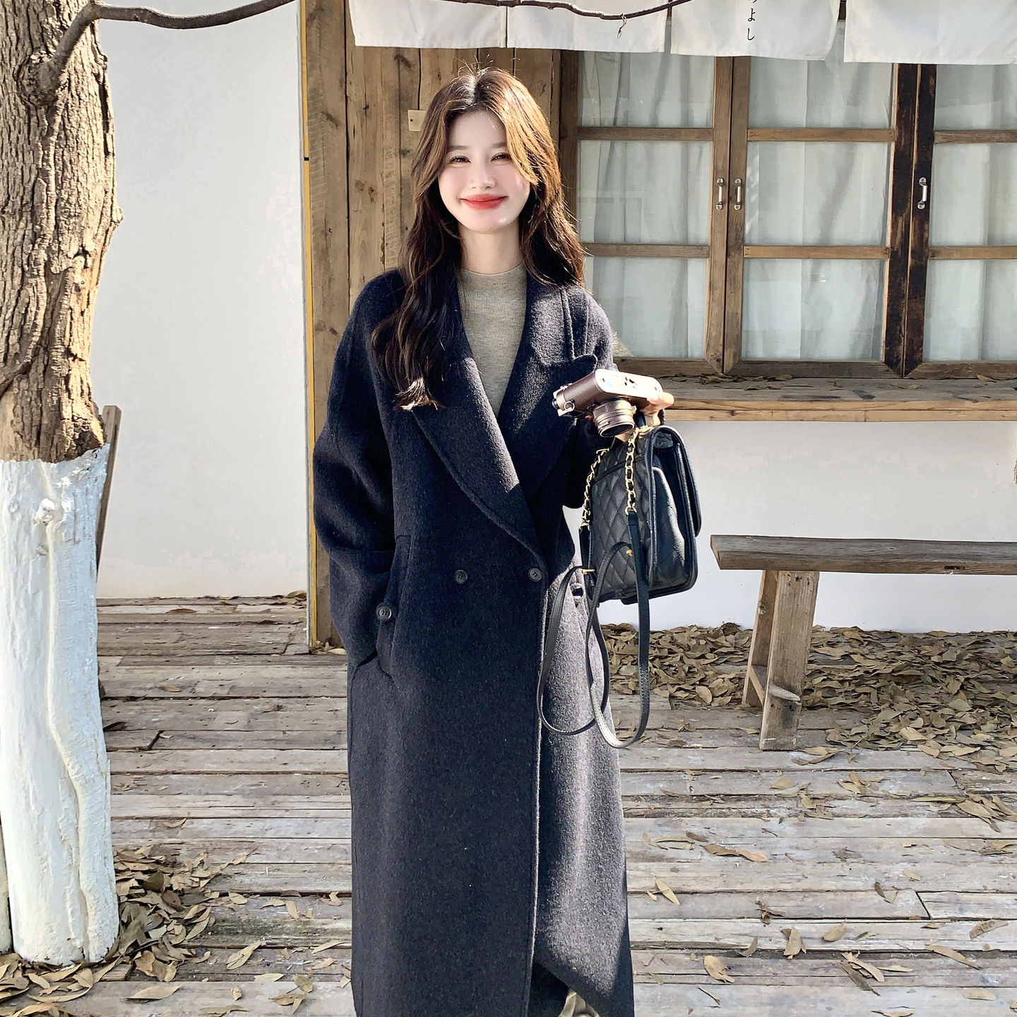 现货！70毛碳黑色双面呢大衣B260-5363-P285K398，女装毛呢外套，芭图娜