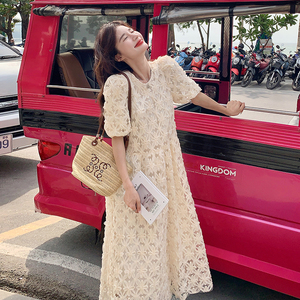 设计感雪纺镂空连衣裙女2025夏季新款蕾丝杏色复古名媛风绝美长裙,连裤袜日常搭配儿童袜子图片
