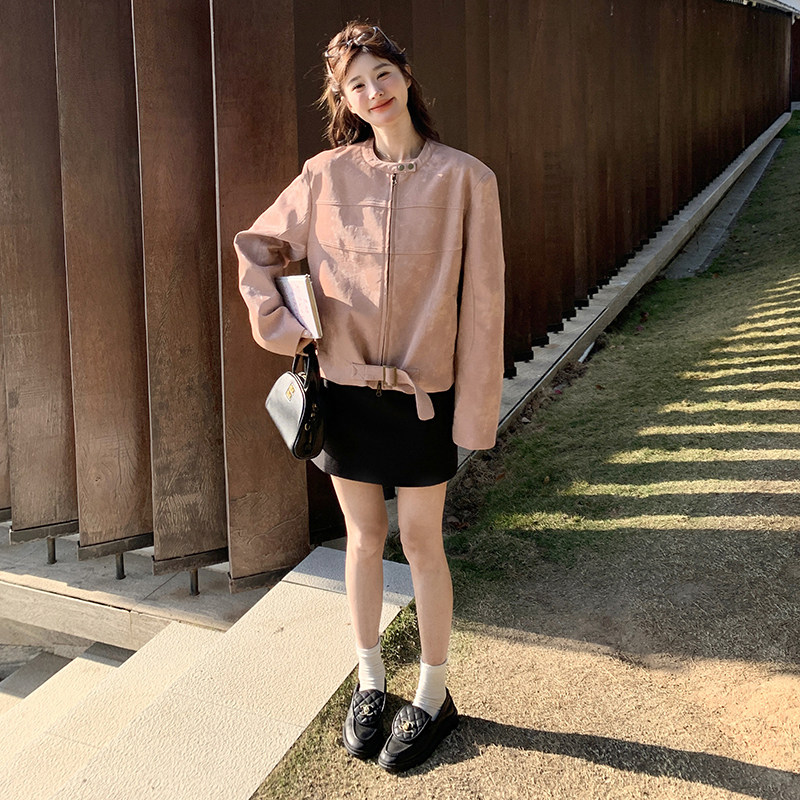 粉色皮衣外套女2025春季新款高级感炸街甜酷短款机车夹克流行爆款,女装皮衣,芭图娜