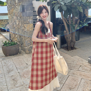 设计感甜美减龄蕾丝拼接格子吊带长裙夏季新款假两件显瘦连衣裙女图片