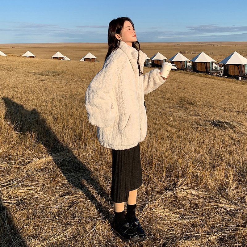 白色加厚小个子立领羊羔毛外套女冬新款韩系宽松炸街棉衣皮毛一体,女装皮草,芭图娜