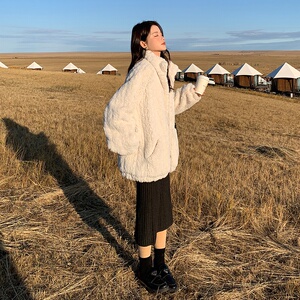 白色加厚小个子立领羊羔毛外套女冬新款韩系宽松炸街棉衣皮毛一体图片
