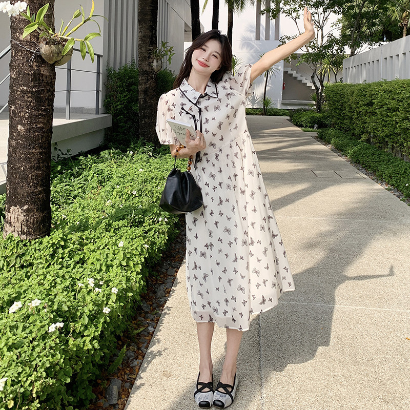 超好看蝴蝶印花衬衫裙女夏季2025新款小个子减龄艺术生奶乖连衣裙,女装连衣裙,芭图娜