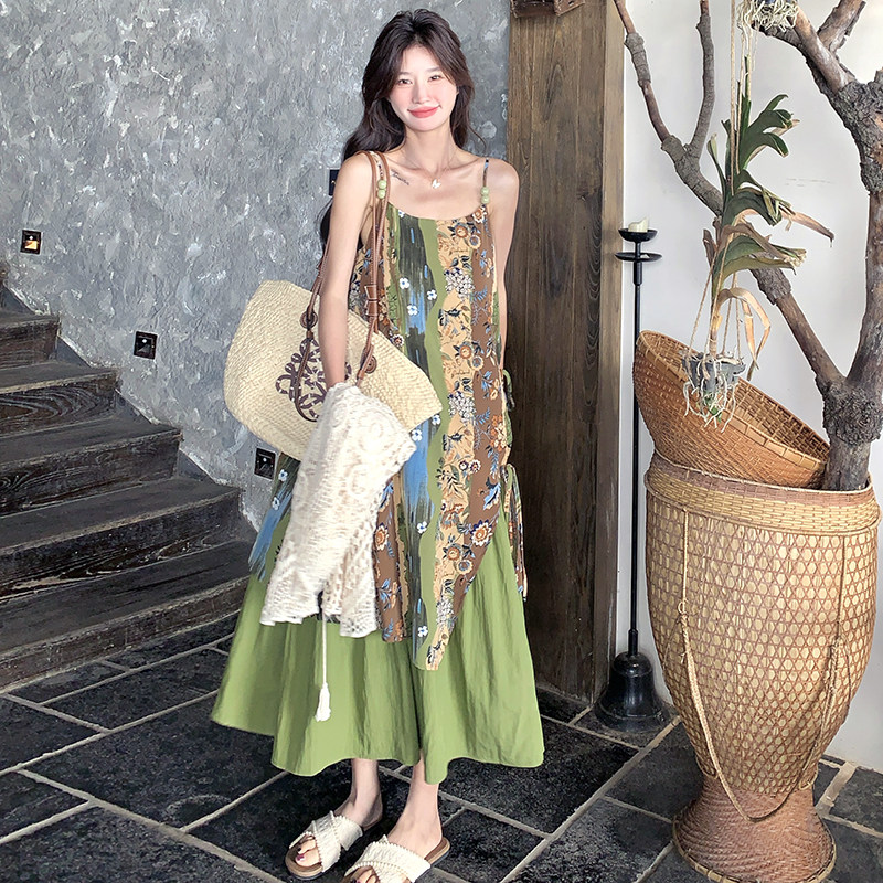 田园风碎花拼接吊带连衣裙套装女夏季新款显瘦茶歇钩花开衫两件套,女装套装/套裙,芭图娜