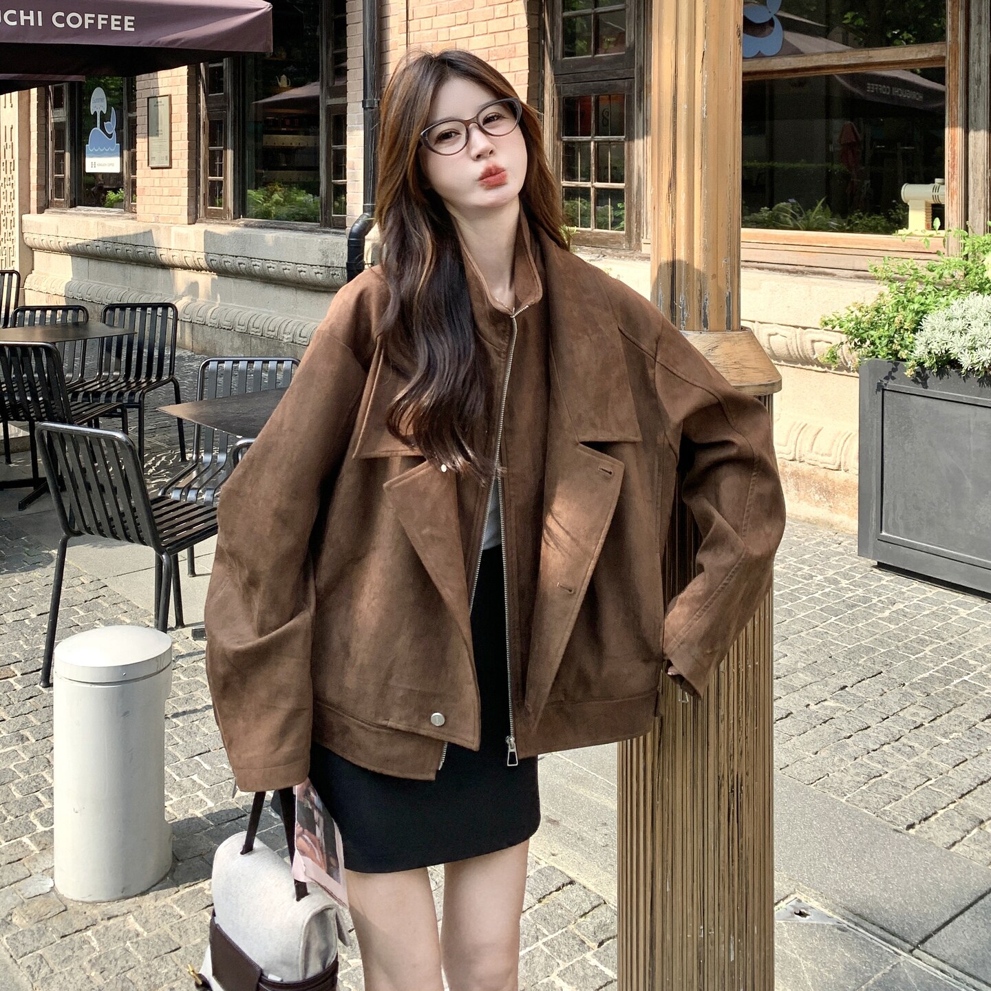设计感咖色麂皮绒机车夹克女2025秋季新款复古时尚宽松显瘦外套潮,女装短外套,芭图娜