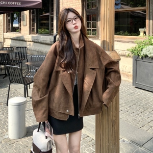 设计感咖色麂皮绒机车夹克女2025秋季新款复古时尚宽松显瘦外套潮图片