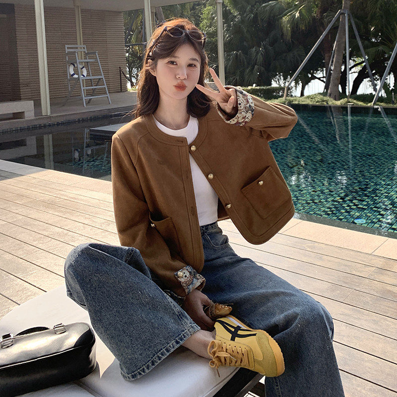 美拉德风甜酷拼接麂皮绒外套女2025春秋高级小众巨好看短夹克上衣,女装短外套,芭图娜