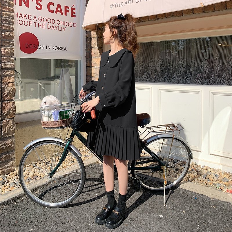 红色娃娃领连衣裙女2025春夏新款大码宽松甜美小个子百褶衬衫裙子,女装连衣裙,芭图娜