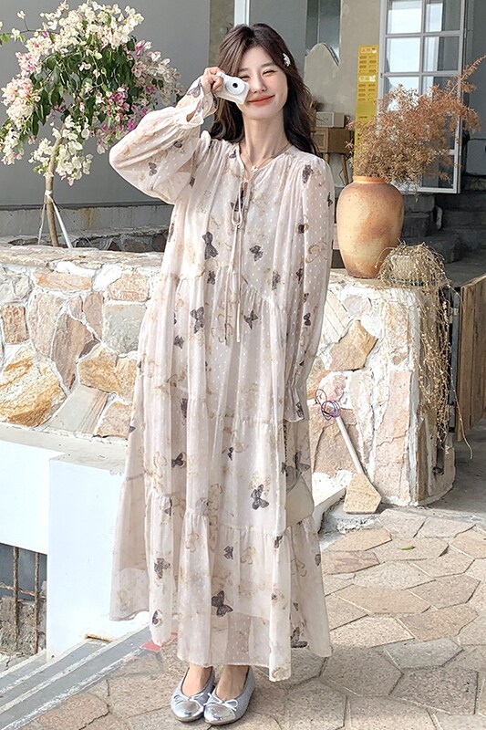 碎花印花常规中长款蝴蝶连衣裙夏显瘦中长裙长袖长裙气质时尚夏季,女装连衣裙,芭图娜