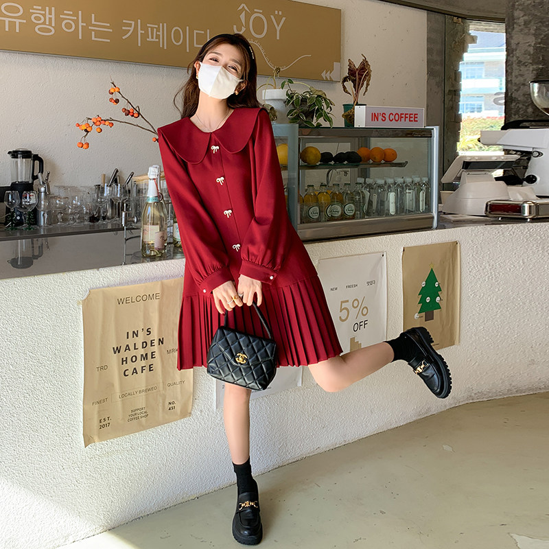 红色娃娃领连衣裙女2025春夏新款大码宽松甜美小个子百褶衬衫裙子,女装连衣裙,芭图娜