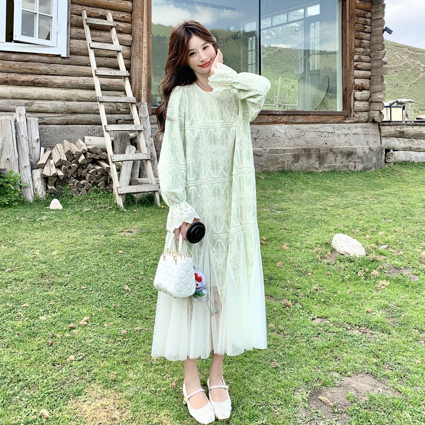 现货！浅绿色网纱拼接重工绣花连衣裙B260-5223-P155K228,女装连衣裙,芭图娜